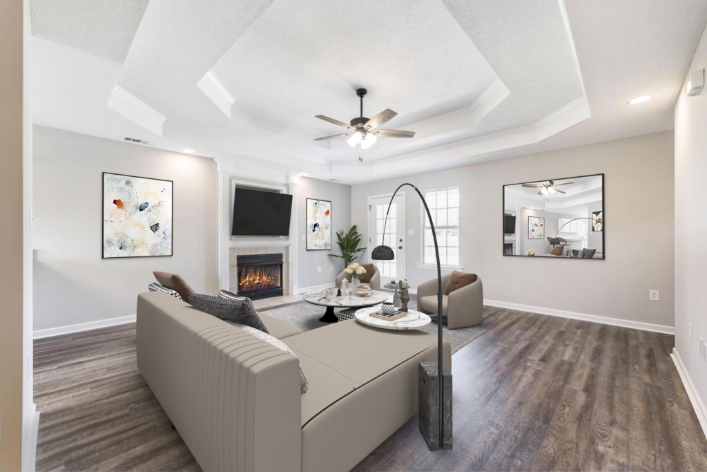 A staged living room with a trayed ceiling, from a HomeSold GA listing